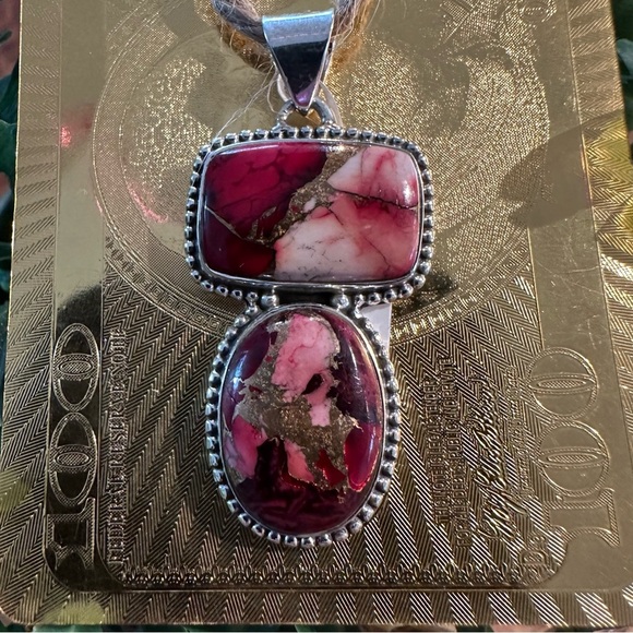 Southwest Jewelry - Brand New Sterling Silver 925 Red Rose Dahlia Double Stone Pendant Necklace